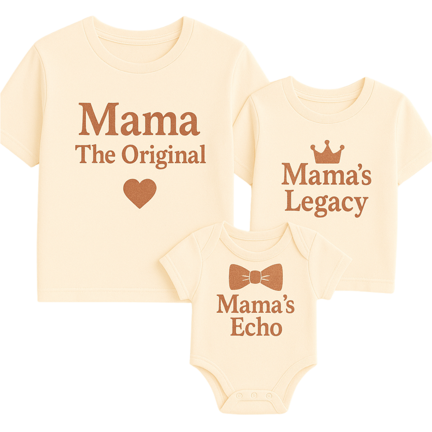 Mother, toddler, and baby wearing matching family T-shirt set for Mother’s Day photo