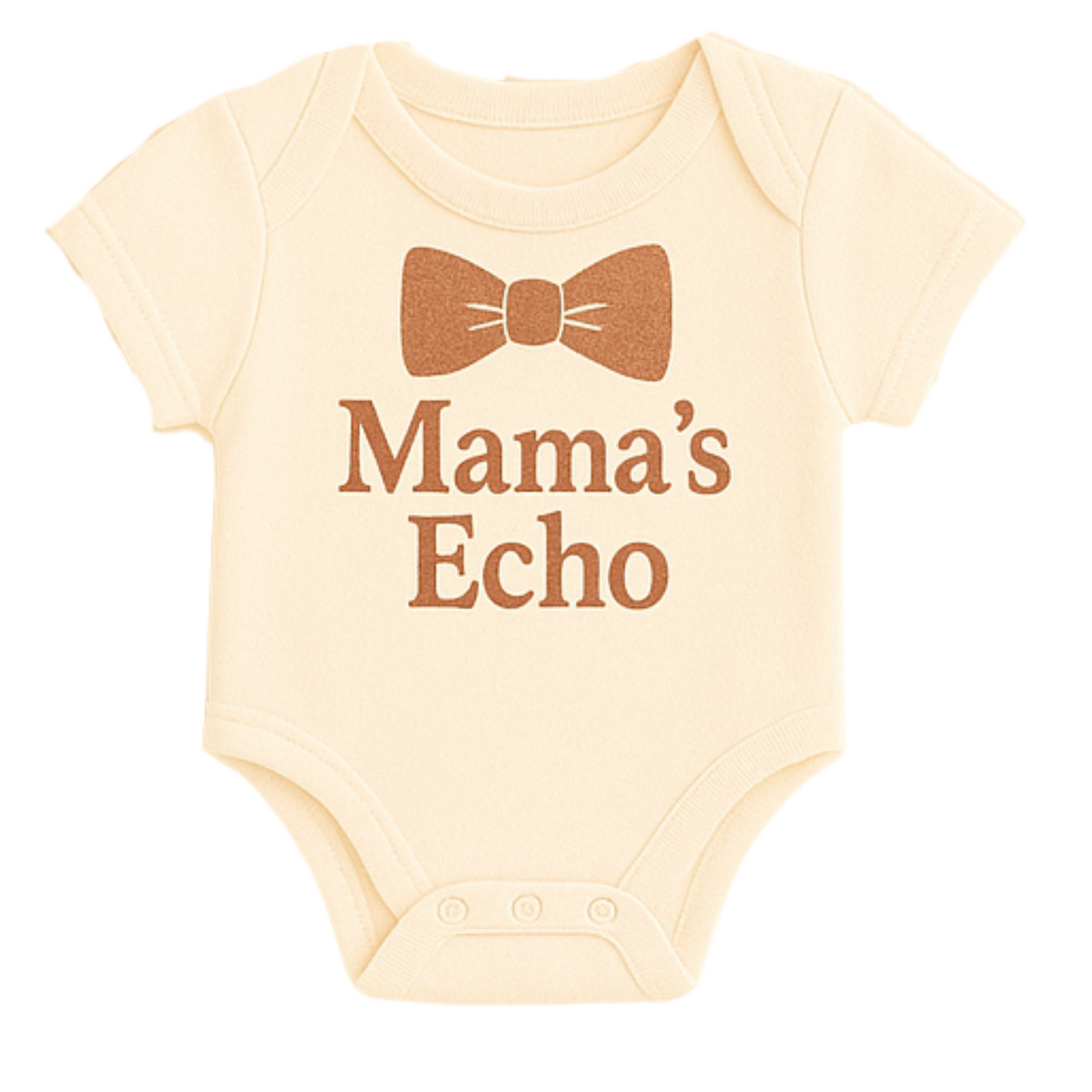 Infant onesie reading "Mama’s Echo" with a tiny bow design, in matching neutral color