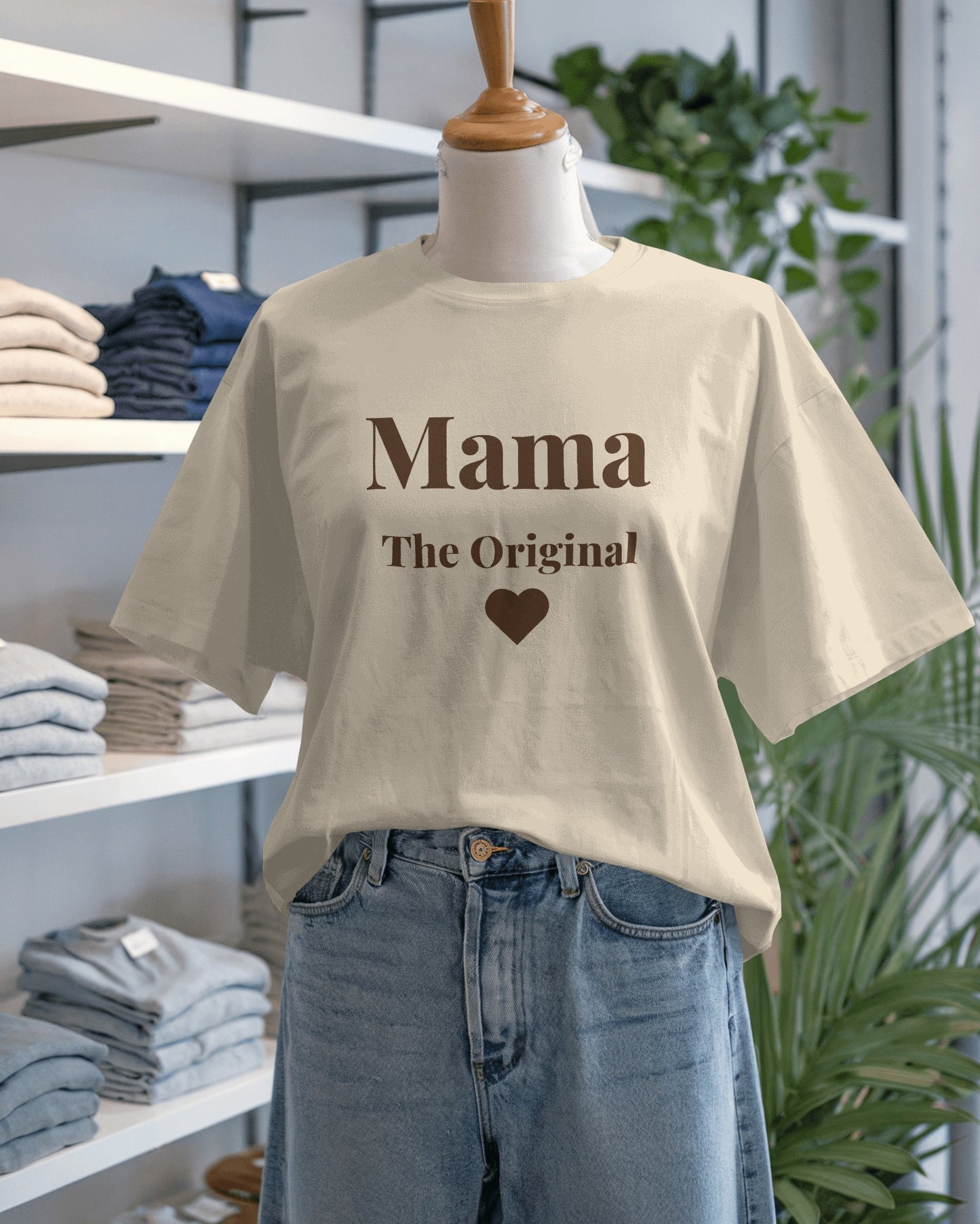 Close-up of cream-colored T-shirt with "Mama The Original" text in brown font