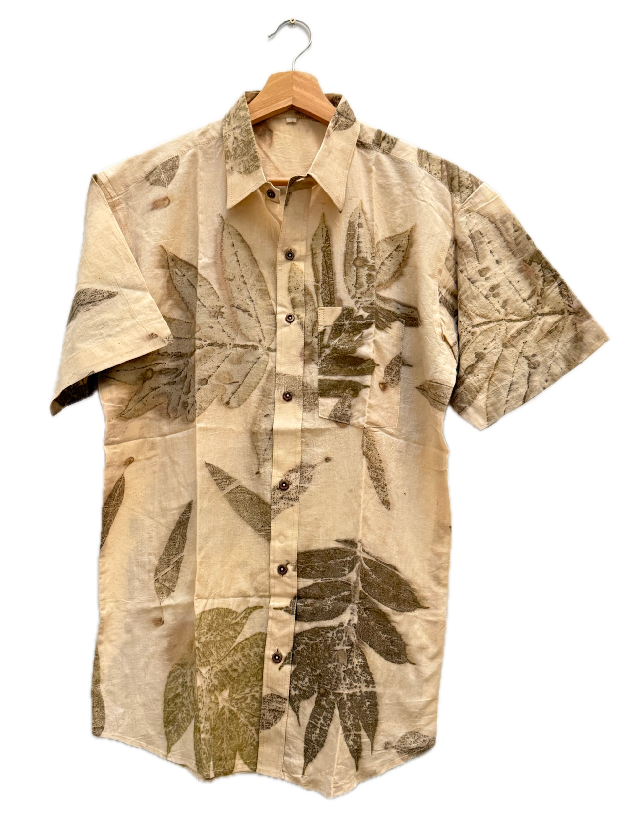 Plant Leaf Dye Printed Shirt – One-of-a-Kind Plant Dyed Organic Cotton Shirt Lighter Shades