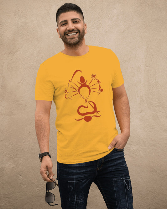Man smiling and wearing a bright yellow t-shirt with a red abstract graphic design of Maa Durga's figure