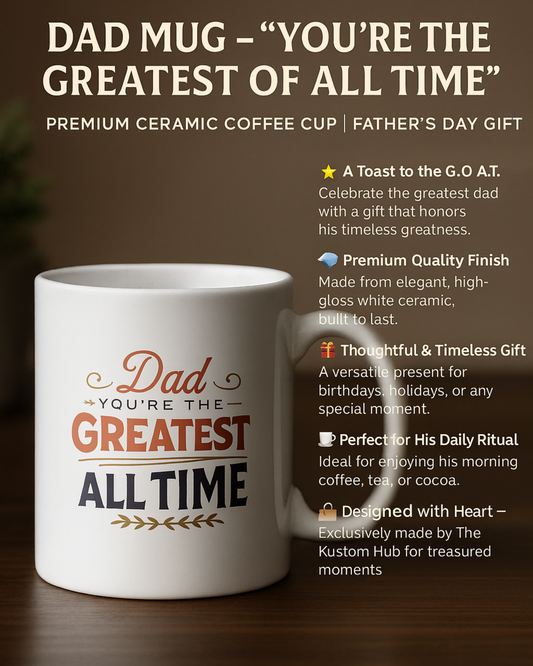 Dad Mug – You’re the Greatest of All Time – Premium Ceramic Coffee Cup | Father’s Day Gift | G.O.A.T. Mug for Dad, Papa, Father-in-Law | Elegant White 11oz Mug for Morning Brew