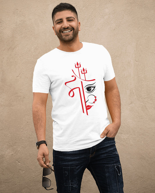 Stylish person showcasing an 'Amar Maa Durga Shakti' t-shirt, reflecting Bengali heritage and devotion, suitable for NRI Bengalis in North America
