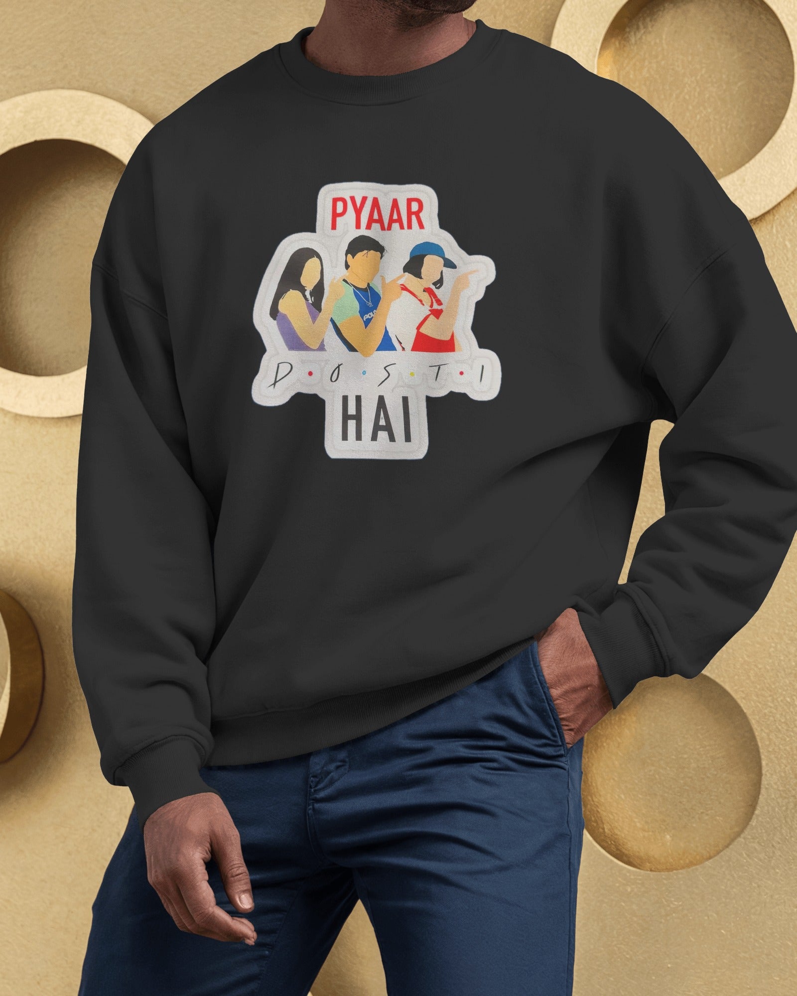 Person wearing Pyar Dosti Hai sweatshirt – Bollywood-themed fashion for 90s movie fans