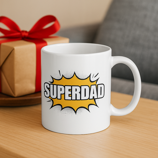 SuperDad Mug – Funny Comic Book Style Coffee Cup for Dad | Father's Day Gift | Super Hero Dad Mug | 11oz White Ceramic Mug | Unique Gift for Dad, Husband, or Grandpa